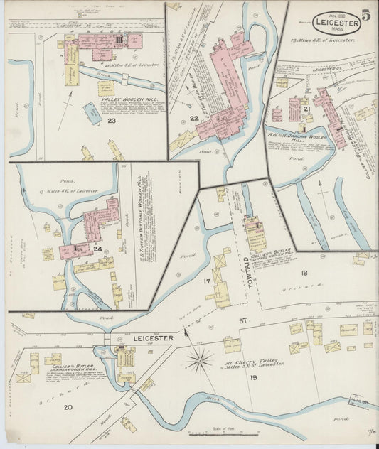 Sanborn Fire Insurance Map from Leicester, Worcester County, Massachusetts (1888), Sheet #0005 - Historic Sanborn Fire Insurance Map Print, vintage old map wall art, antique decor, genealogy gift, Massachusetts Massachusetts map