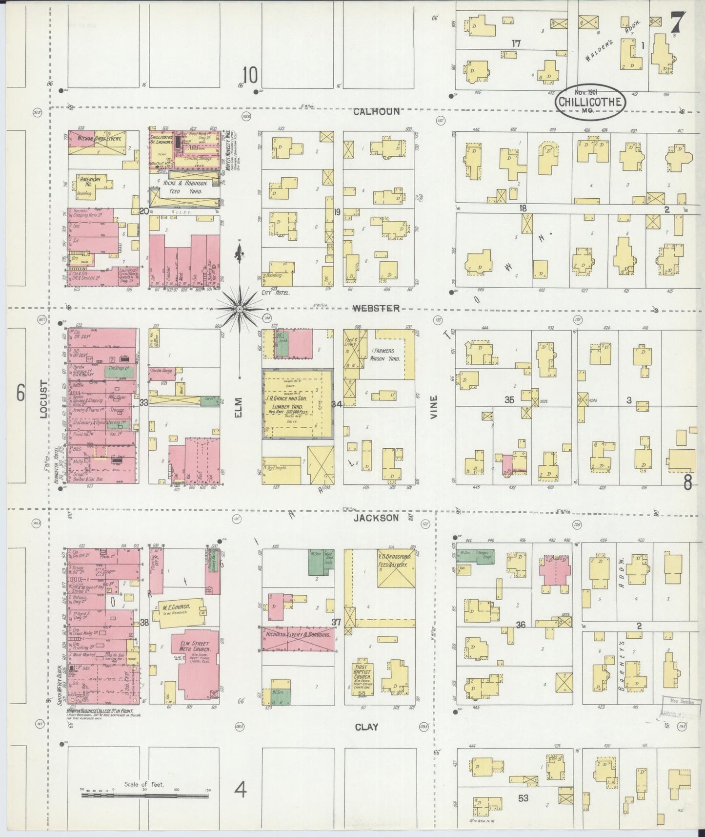 Sanborn Fire Insurance Map from Chillicothe, Livingston County, Missouri (1901), Sheet #0007 - Historic Sanborn Fire Insurance Map Print, vintage old map wall art, antique decor, genealogy gift, Missouri Missouri map