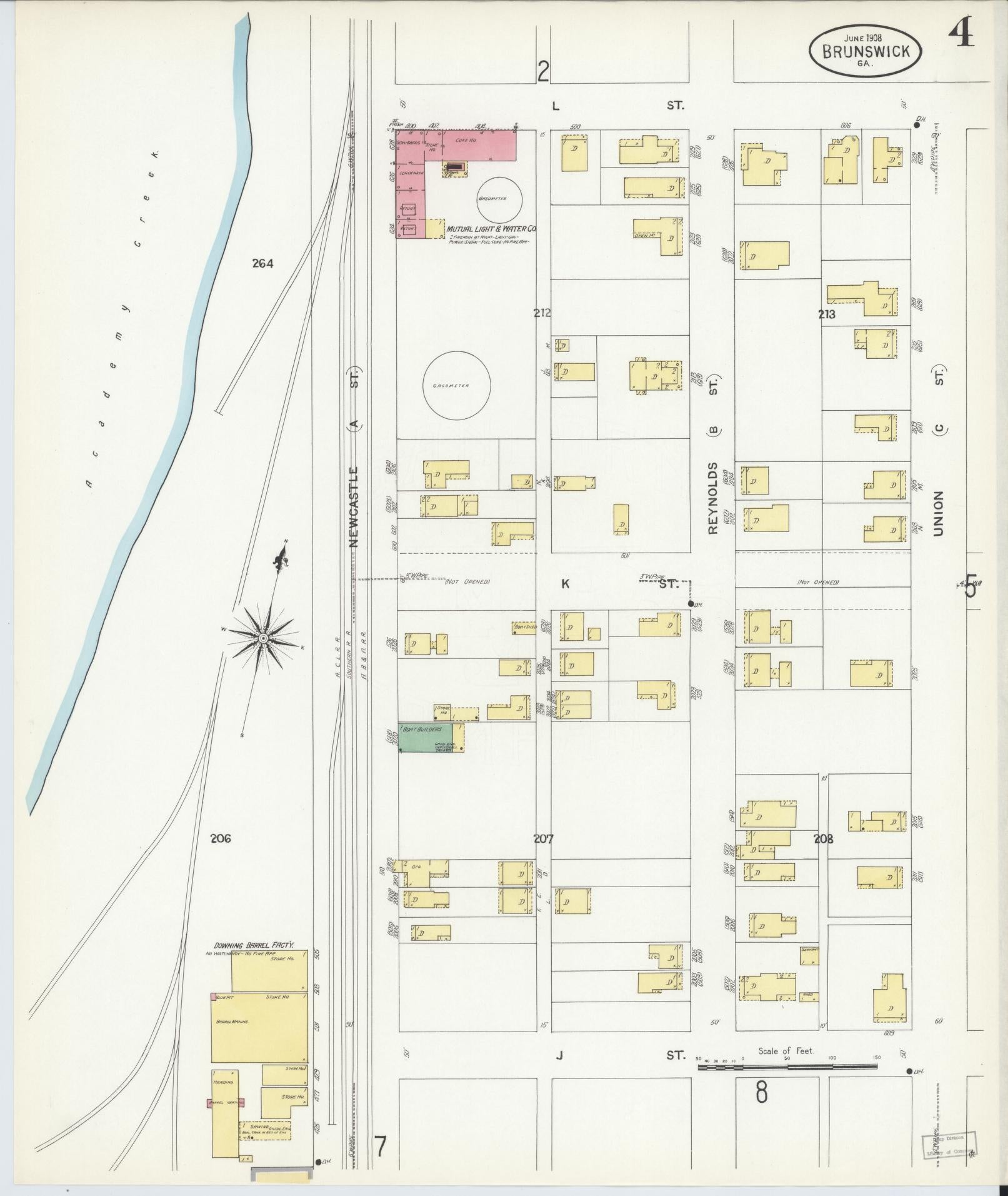Sanborn Fire Insurance Map from Brunswick, Glynn County, Georgia (1908), Sheet #0004 - Complete Map Set gallery image, historic Sanborn map, vintage wall art, Georgia Georgia
