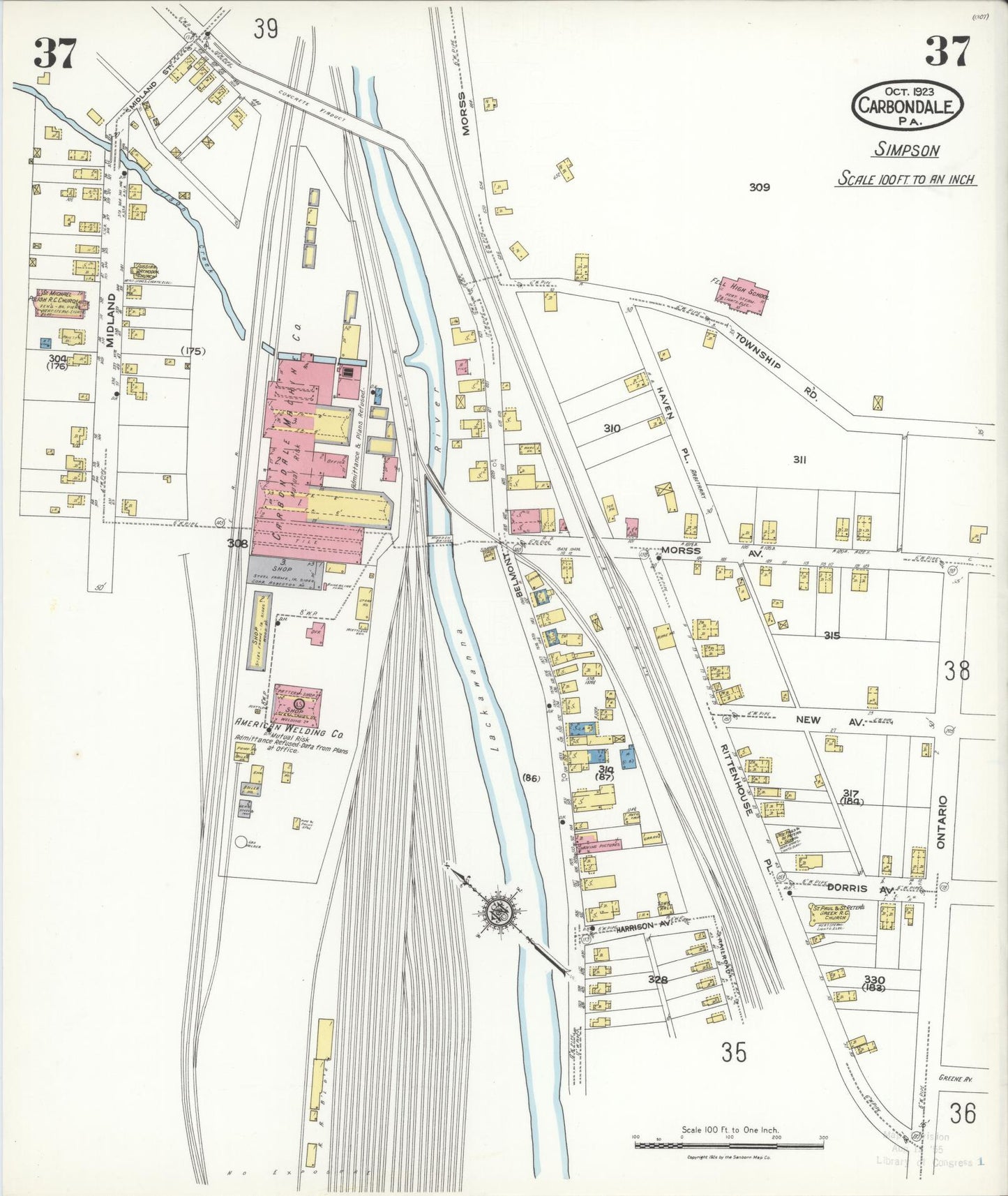 Sanborn Fire Insurance Map from Carbondale, Lackawanna County, Pennsylvania (1923), Sheet #0037 - Historic Sanborn Fire Insurance Map Print, vintage old map wall art, antique decor, genealogy gift, Pennsylvania Pennsylvania map