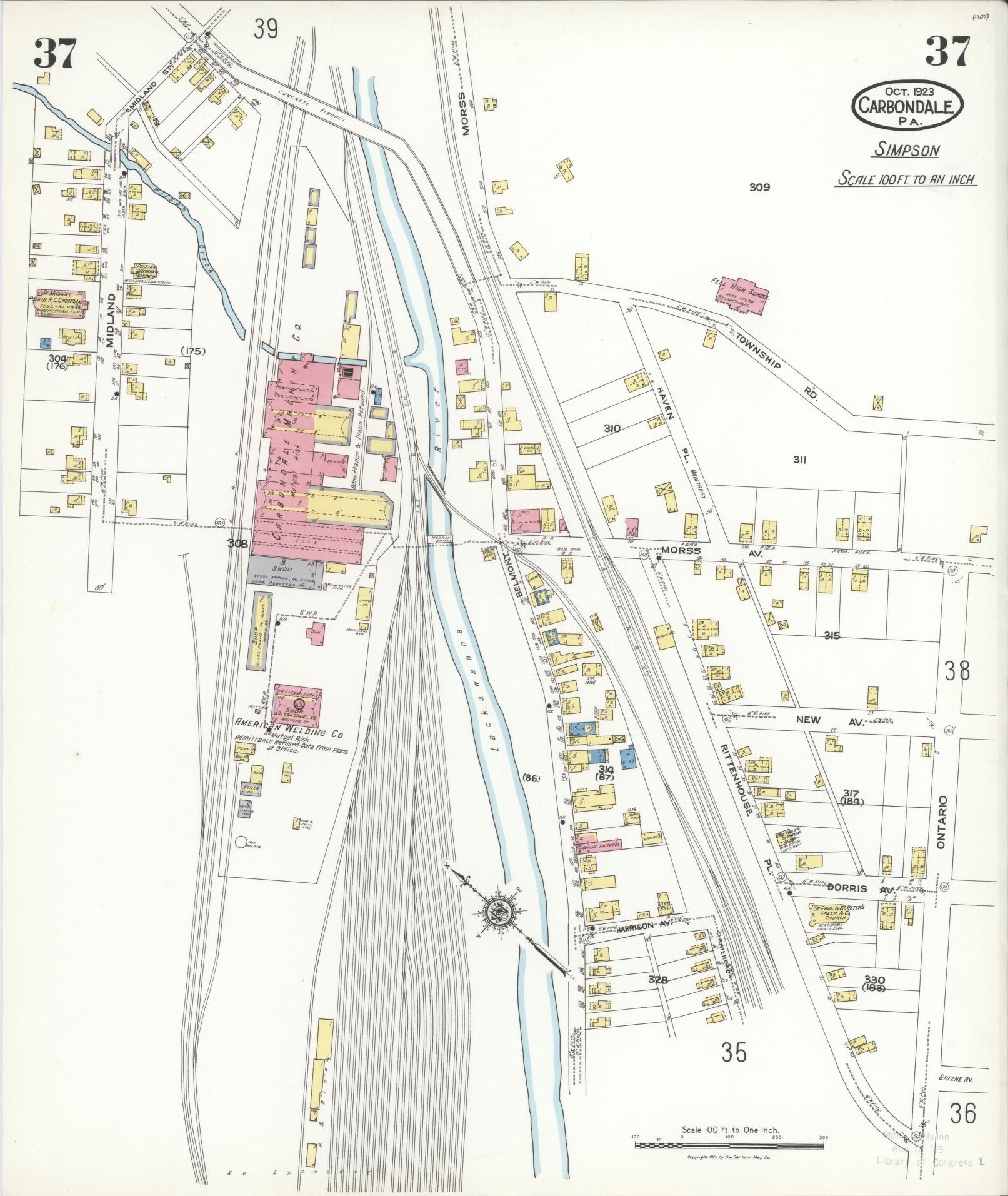 Sanborn Fire Insurance Map from Carbondale, Lackawanna County, Pennsylvania (1923), Sheet #0037 - Historic Sanborn Fire Insurance Map Print, vintage old map wall art, antique decor, genealogy gift, Pennsylvania Pennsylvania map