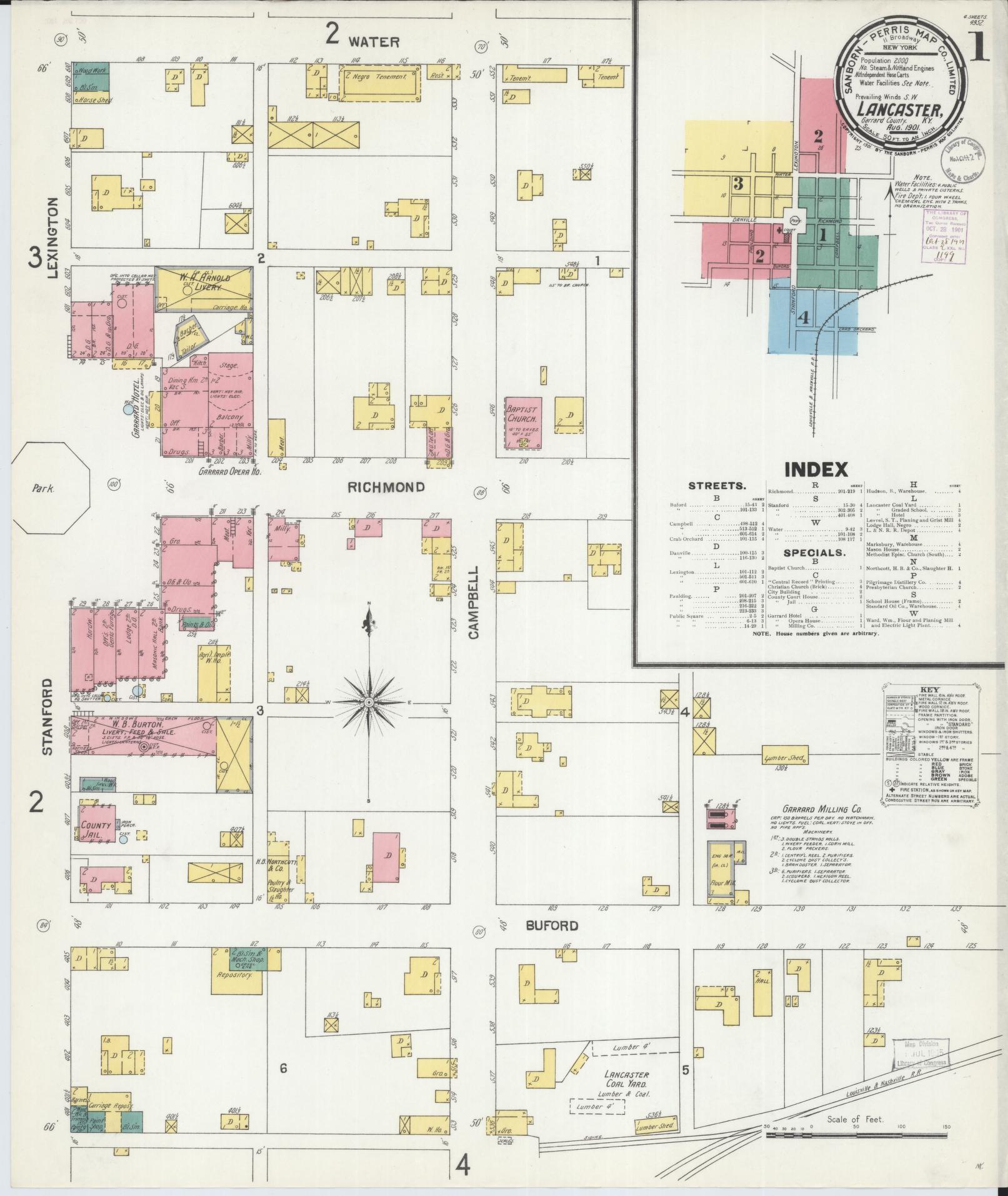 Sanborn Fire Insurance Map from Lancaster, Garrard County, Kentucky (1901), Sheet #0001 - Historic Sanborn Fire Insurance Map Print, vintage old map wall art, antique decor, genealogy gift, Kentucky Kentucky map