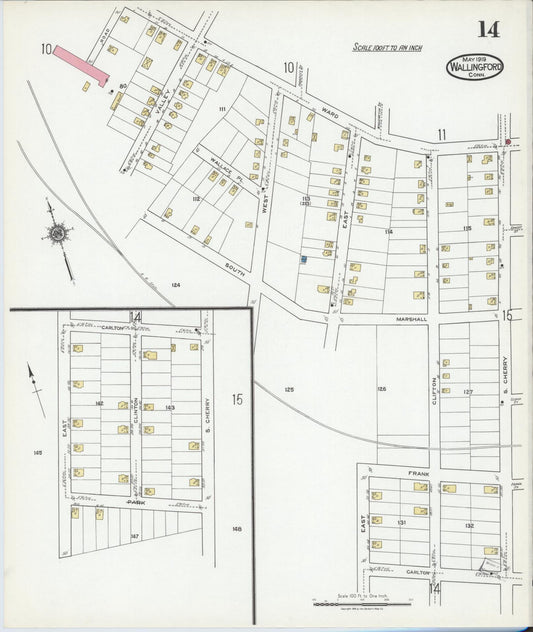 Sanborn Fire Insurance Map from Wallingford, New Haven County, Connecticut (1919), Sheet #0014 - Historic Sanborn Fire Insurance Map Print, vintage old map wall art, antique decor, genealogy gift, Connecticut Connecticut map