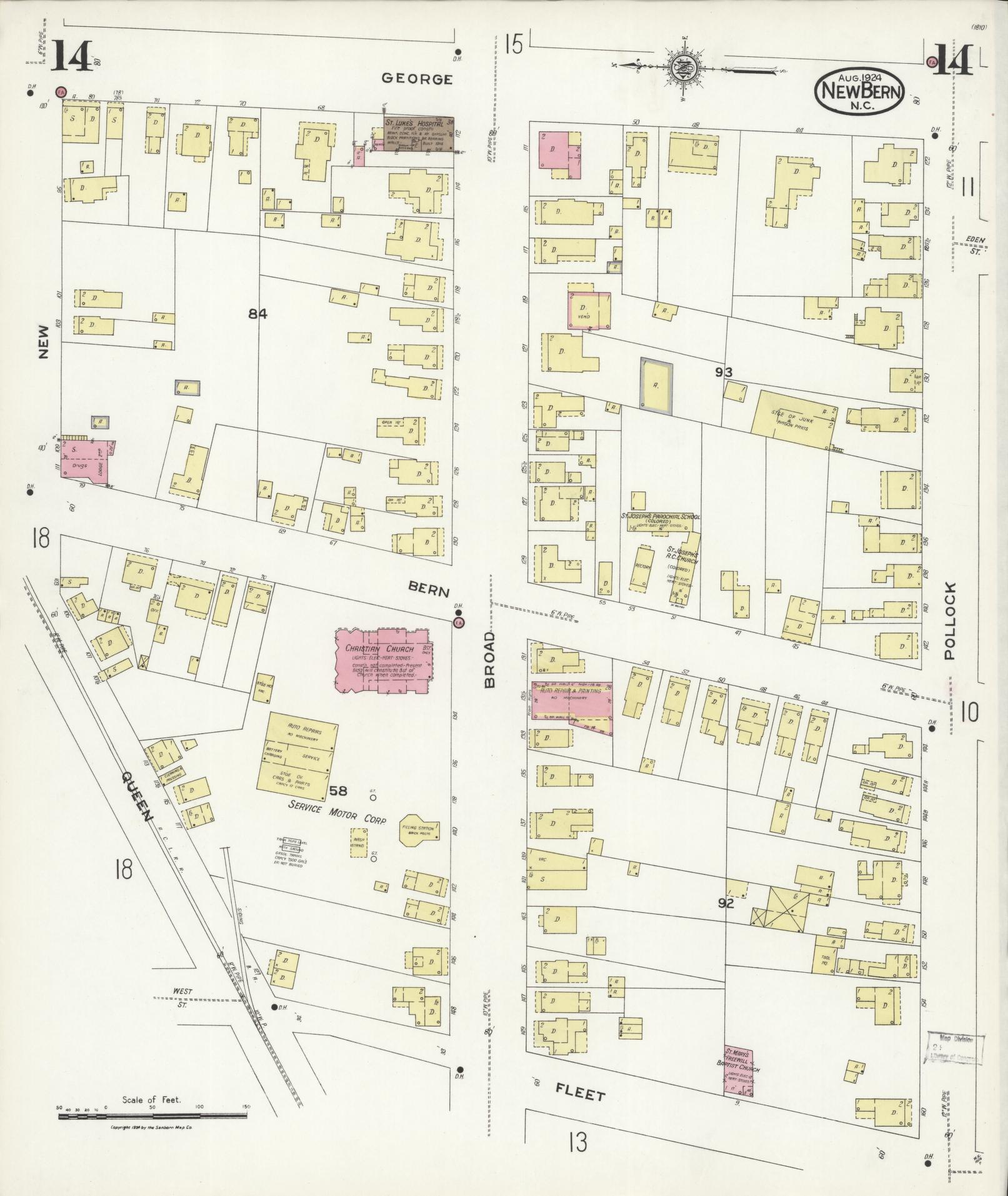 Sanborn Fire Insurance Map from New Bern, Craven County, North Carolina (1924), Sheet #0014 - Complete Map Set gallery image, historic Sanborn map, vintage wall art, North Carolina North Carolina