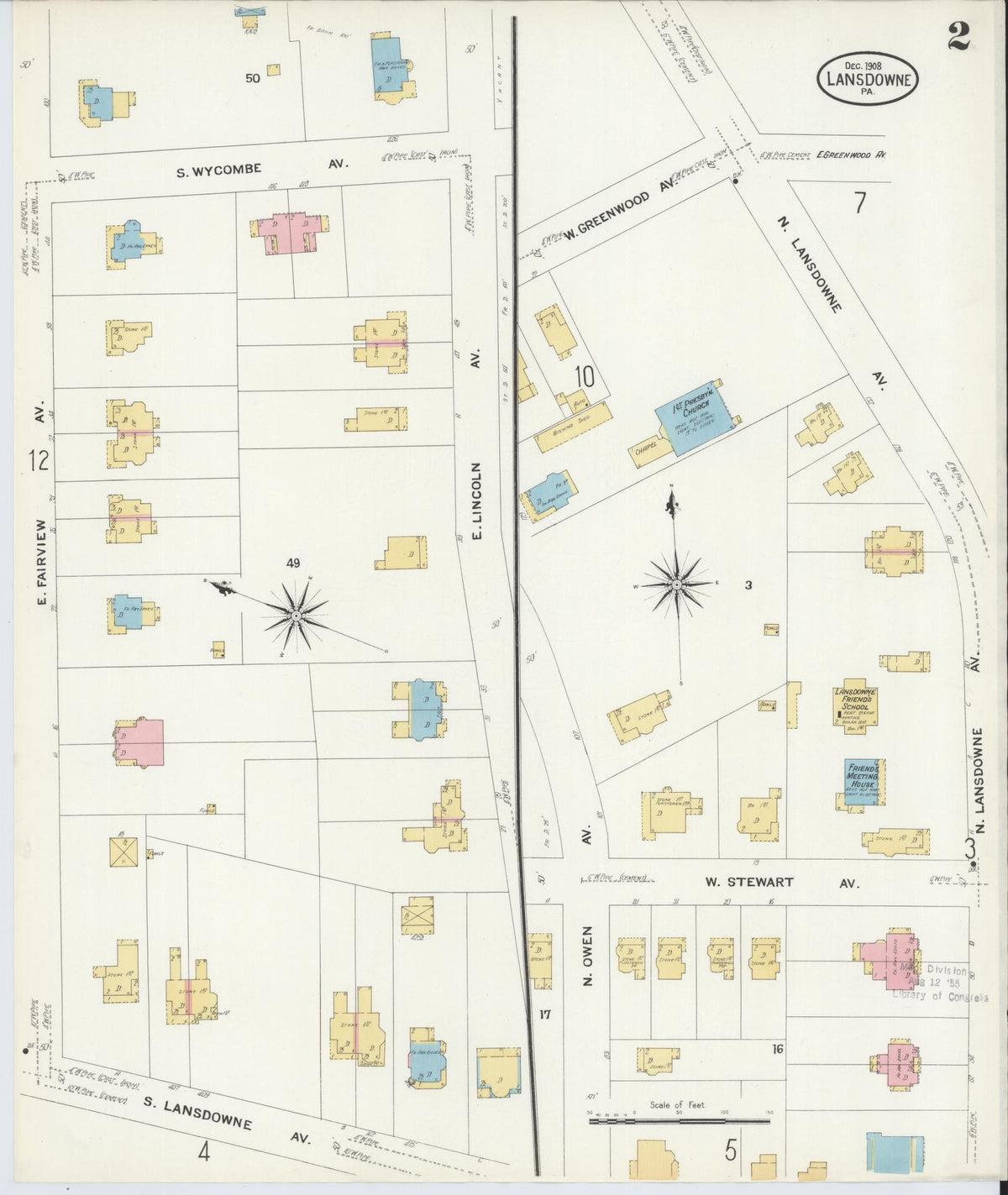 Sanborn Fire Insurance Map from Lansdowne, Delaware County, Pennsylvania (1908), Sheet #0002 - Historic Sanborn Fire Insurance Map Print, vintage old map wall art, antique decor, genealogy gift, Pennsylvania Pennsylvania map