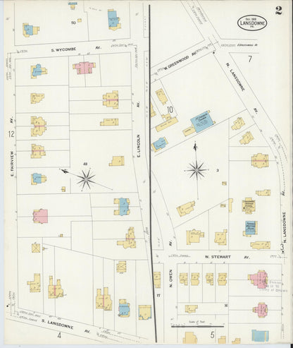 Sanborn Fire Insurance Map from Lansdowne, Delaware County, Pennsylvania (1908), Sheet #0002 - Historic Sanborn Fire Insurance Map Print, vintage old map wall art, antique decor, genealogy gift, Pennsylvania Pennsylvania map