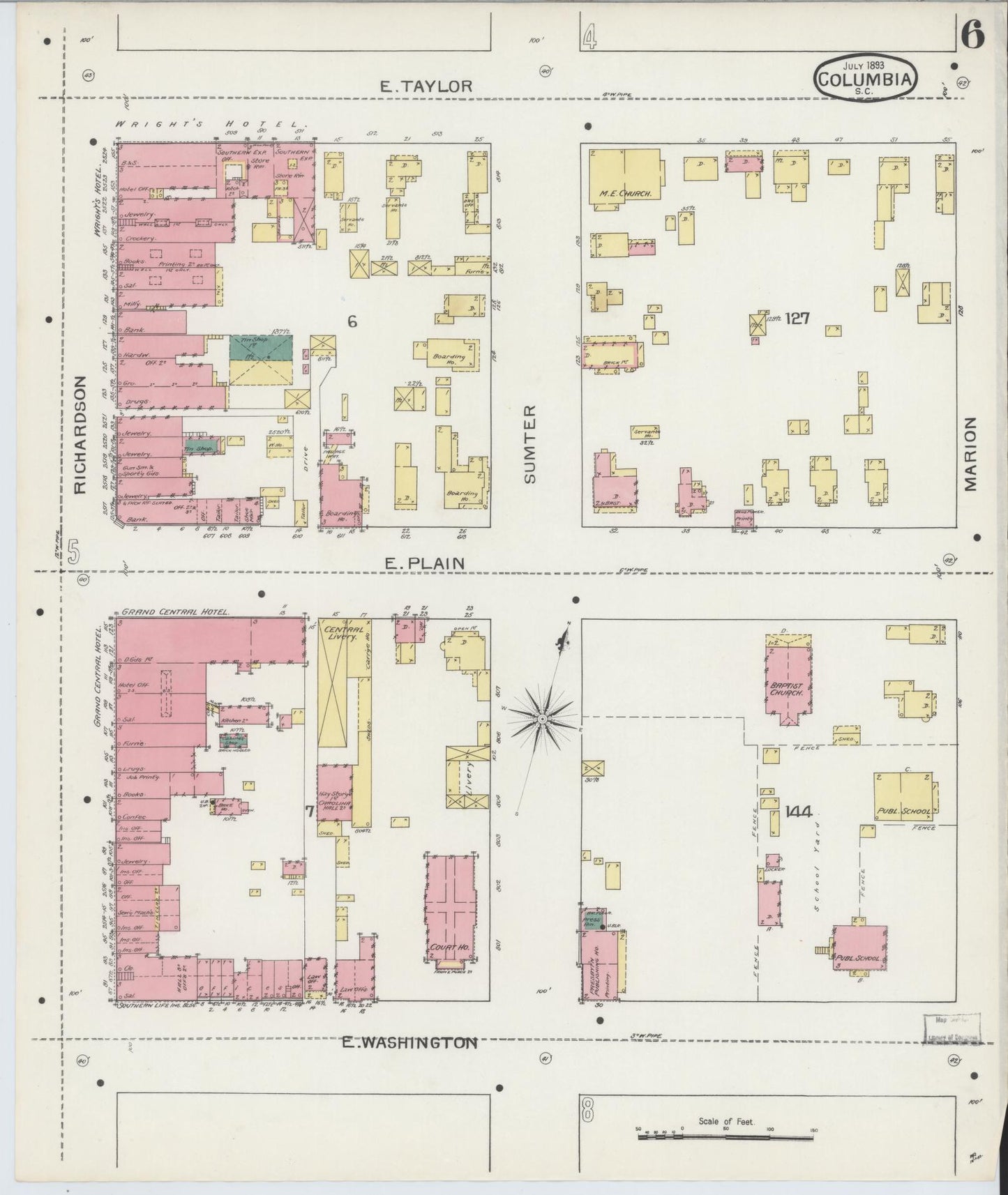 Sanborn Fire Insurance Map from Columbia, Richland County, South Carolina (1893), Sheet #0006 - Historic Sanborn Fire Insurance Map Print, vintage old map wall art, antique decor, genealogy gift, South Carolina South Carolina map