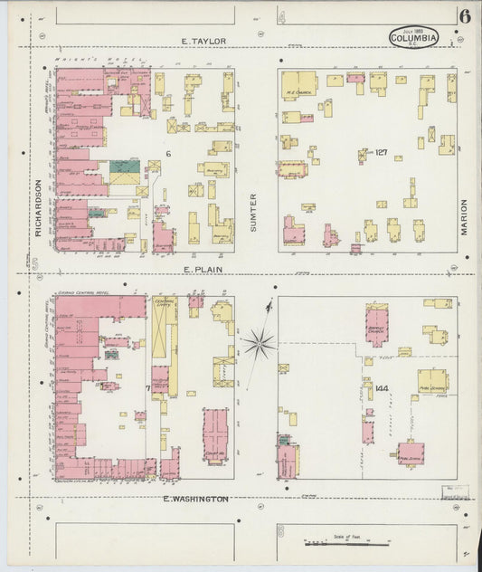 Sanborn Fire Insurance Map from Columbia, Richland County, South Carolina (1893), Sheet #0006 - Historic Sanborn Fire Insurance Map Print, vintage old map wall art, antique decor, genealogy gift, South Carolina South Carolina map