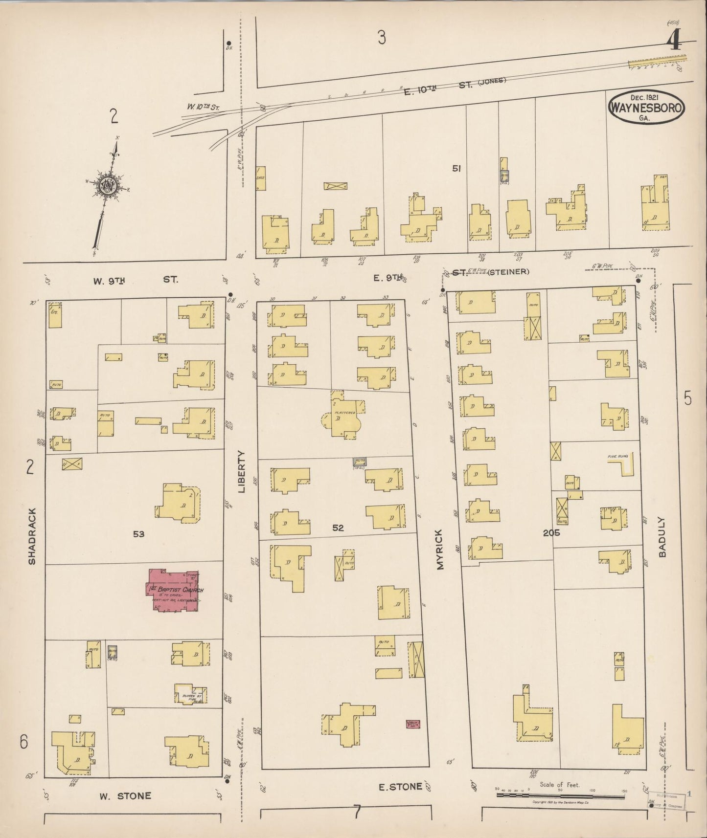 Sanborn Fire Insurance Map from Waynesboro, Burke County, Georgia (1921), Sheet #0004 - Complete Map Set gallery image, historic Sanborn map, vintage wall art, Georgia Georgia