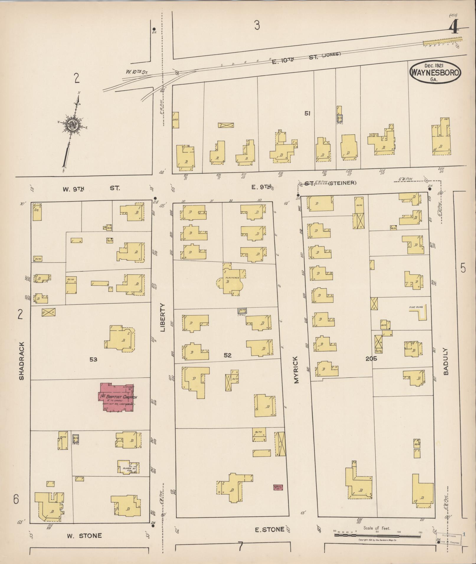 Sanborn Fire Insurance Map from Waynesboro, Burke County, Georgia (1921), Sheet #0004 - Complete Map Set gallery image, historic Sanborn map, vintage wall art, Georgia Georgia