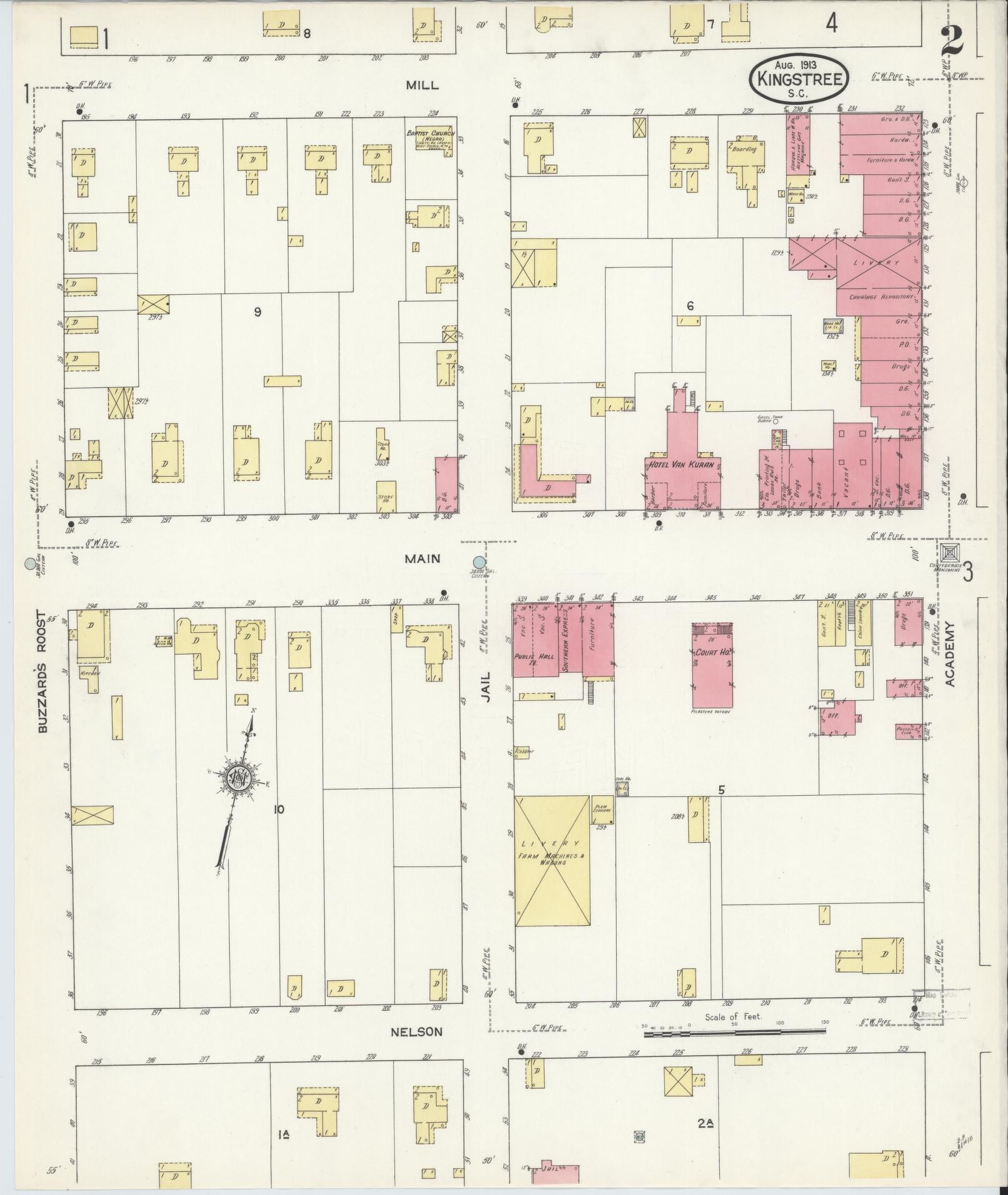 Sanborn Fire Insurance Map from Kingstree, Williamsburg County, South Carolina (1913), Sheet #0002 - Historic Sanborn Fire Insurance Map Print, vintage old map wall art, antique decor, genealogy gift, South Carolina South Carolina map