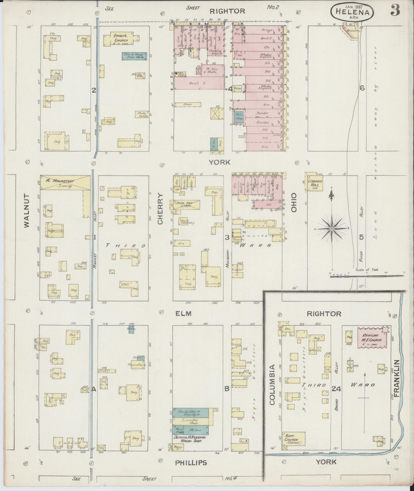 Sanborn Fire Insurance Map from Helena, Phillips County, Arkansas (1887), Sheet #0003 - Historic Sanborn Fire Insurance Map Print, vintage old map wall art, antique decor, genealogy gift, Arkansas Arkansas map