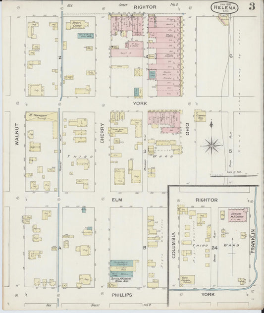 Sanborn Fire Insurance Map from Helena, Phillips County, Arkansas (1887), Sheet #0003 - Historic Sanborn Fire Insurance Map Print, vintage old map wall art, antique decor, genealogy gift, Arkansas Arkansas map