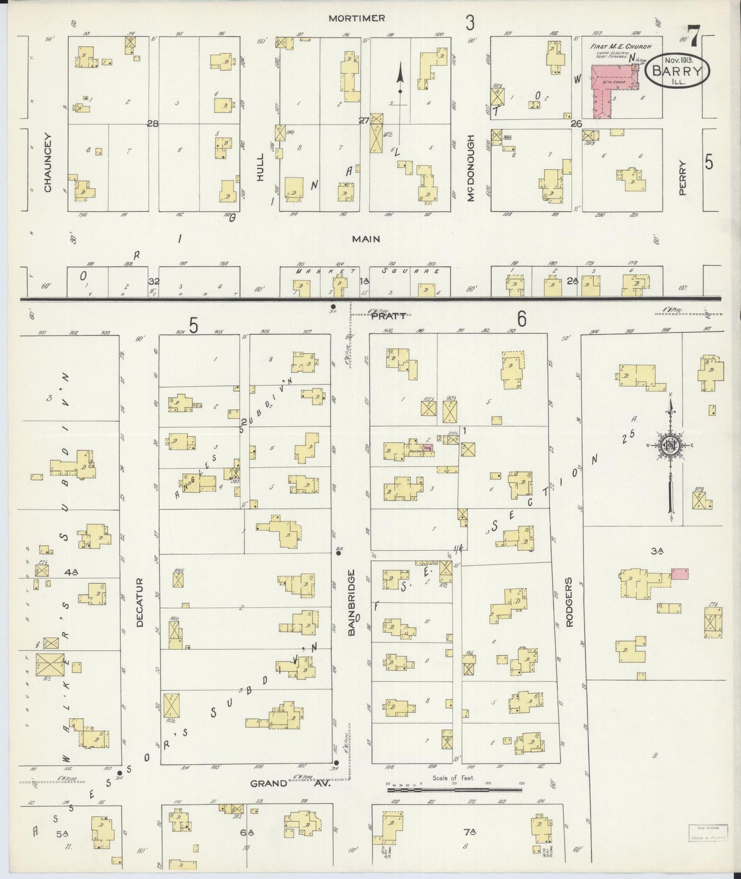 Sanborn Fire Insurance Map from Barry, Pike County, Illinois (1913), Sheet #0007 - Historic Sanborn Fire Insurance Map Print, vintage old map wall art, antique decor, genealogy gift, Illinois Illinois map