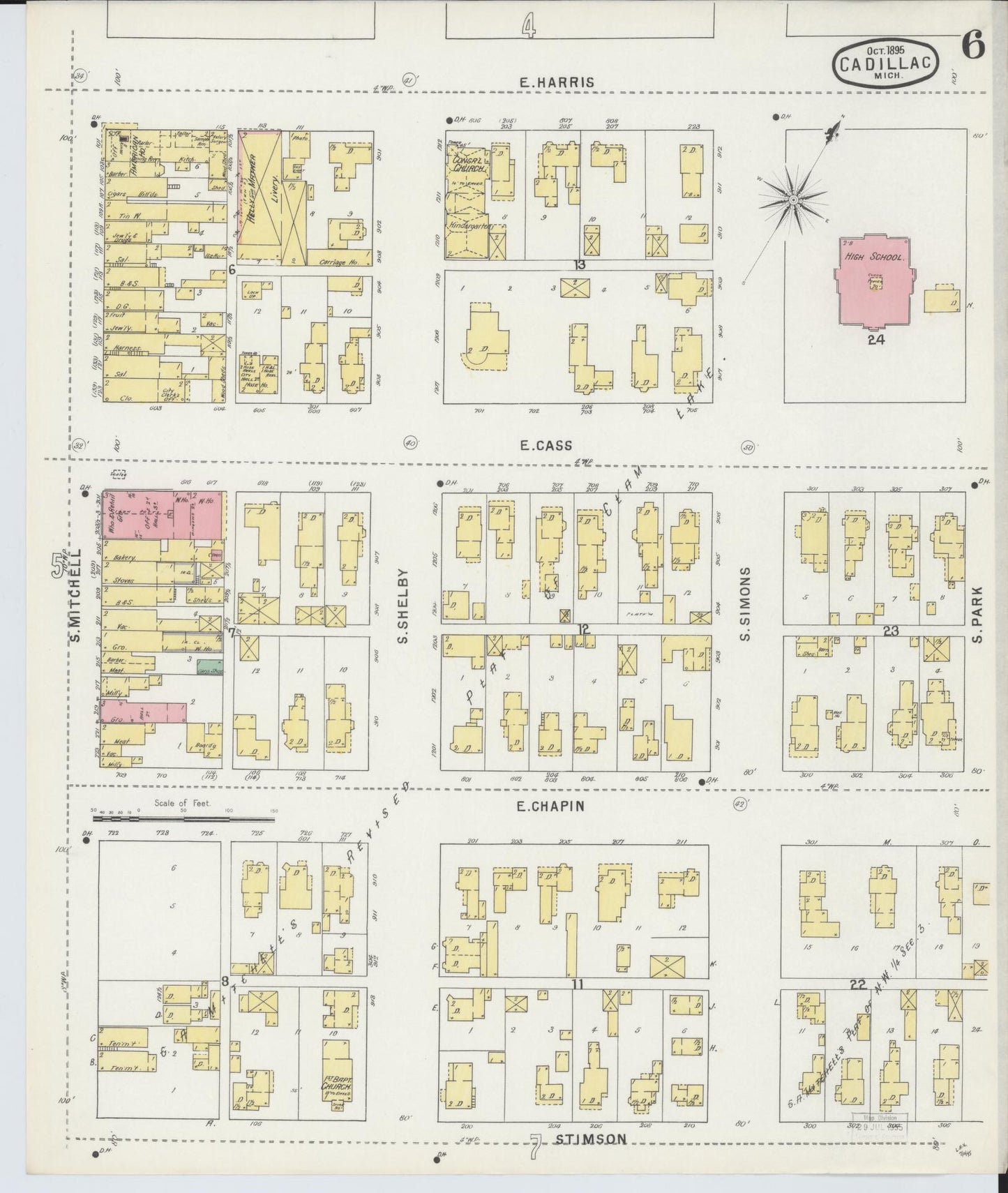Sanborn Fire Insurance Map from Cadillac, Wexford County, Michigan (1895), Sheet #0006 - Complete Map Set gallery image, historic Sanborn map, vintage wall art, Michigan Michigan
