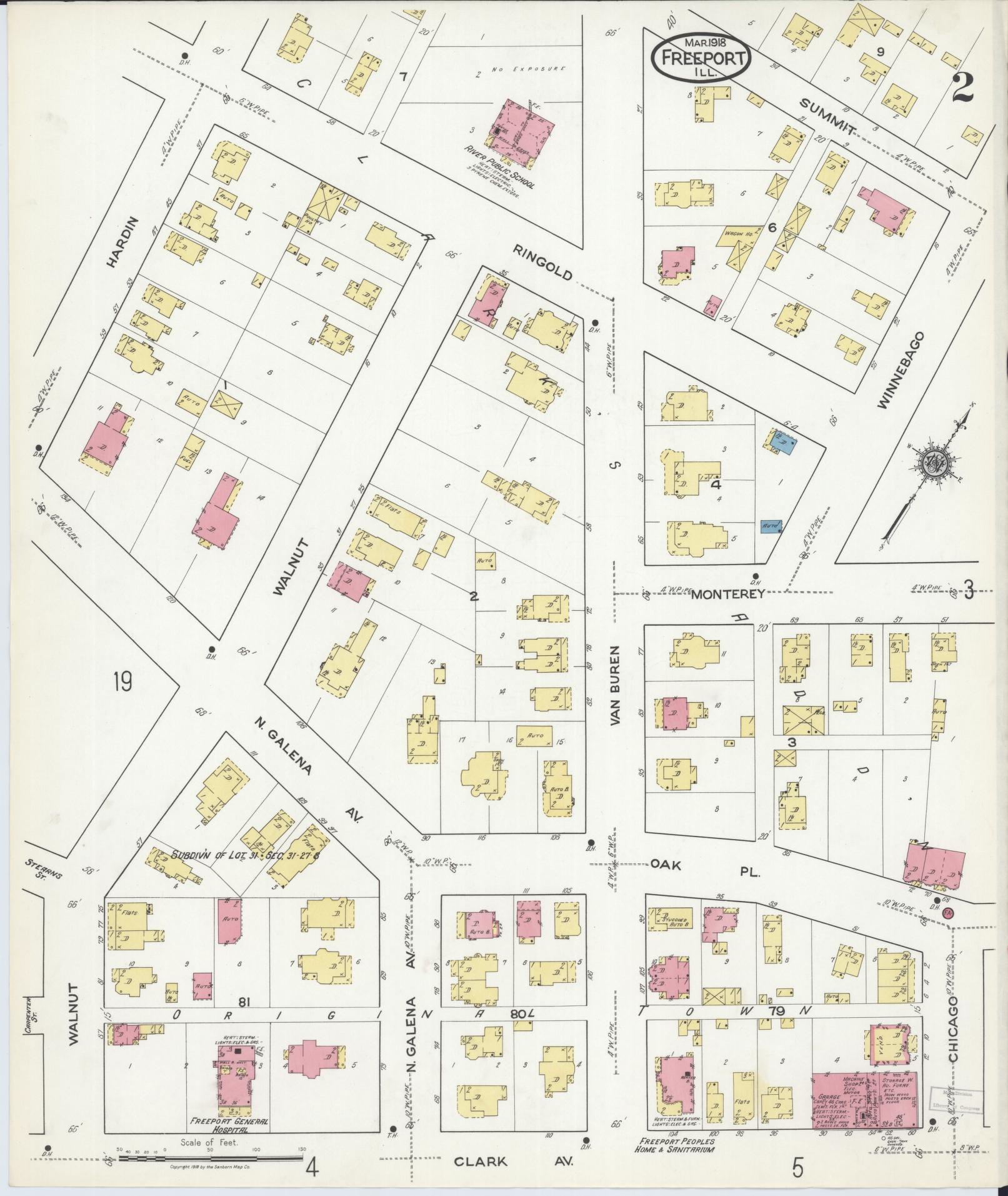 Sanborn Fire Insurance Map from Freeport, Stephenson County, Illinois (1918), Sheet #0002 - Complete Map Set gallery image, historic Sanborn map, vintage wall art, Illinois Illinois
