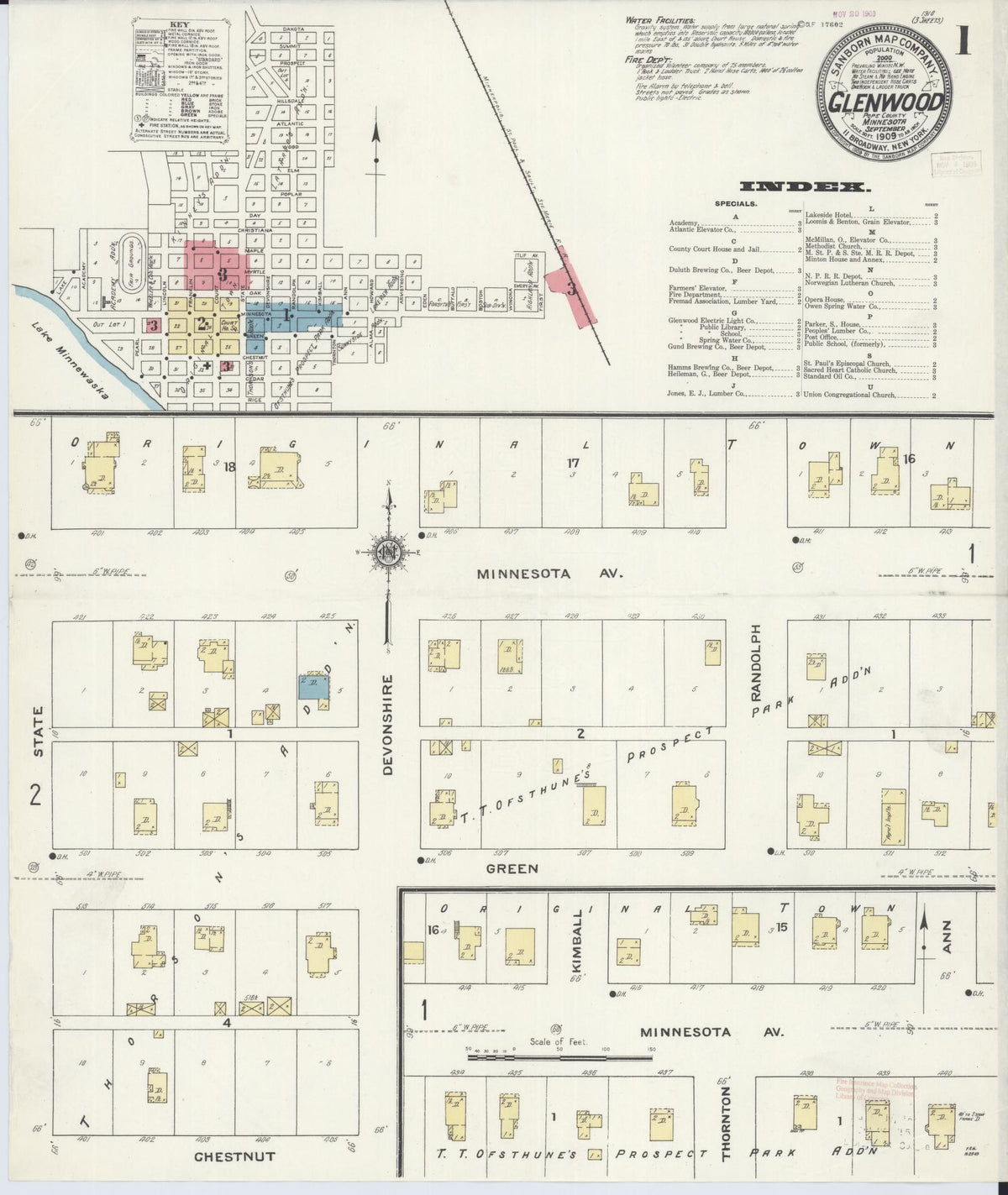 Sanborn Fire Insurance Map from Glenwood, Pope County, Minnesota (1909), Sheet #0001 - Historic Sanborn Fire Insurance Map Print, vintage old map wall art, antique decor, genealogy gift, Minnesota Minnesota map