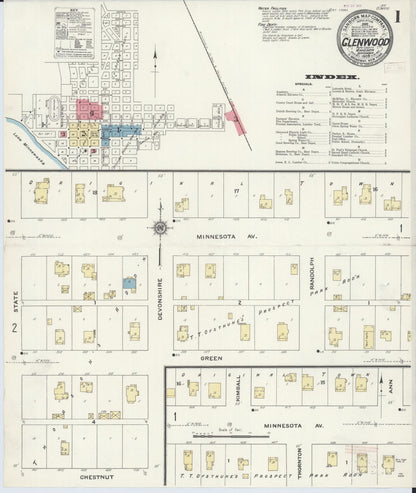 Sanborn Fire Insurance Map from Glenwood, Pope County, Minnesota (1909), Sheet #0001 - Historic Sanborn Fire Insurance Map Print, vintage old map wall art, antique decor, genealogy gift, Minnesota Minnesota map