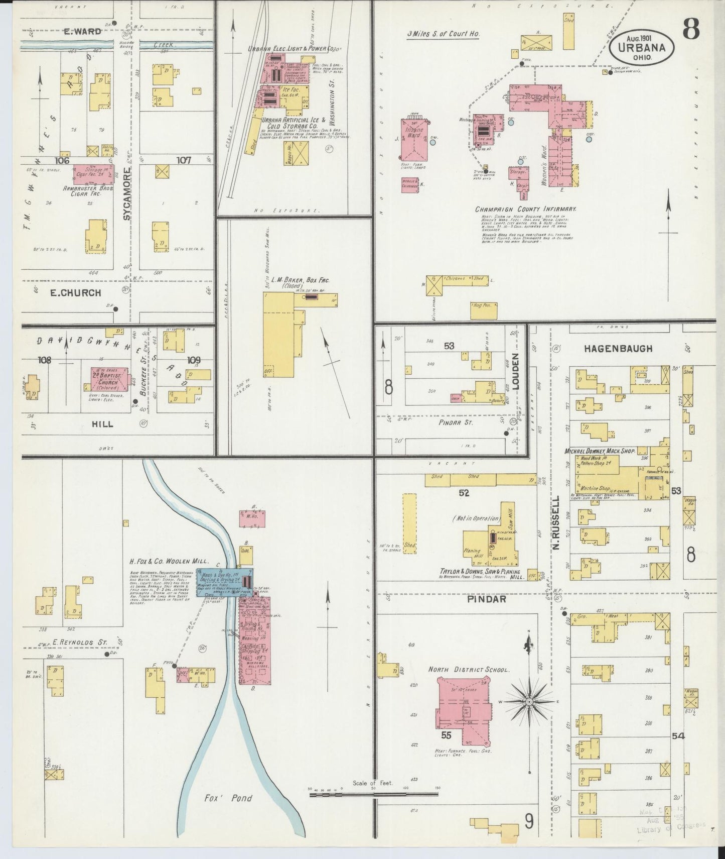 Sanborn Fire Insurance Map from Urbana, Champaign County, Ohio (1901), Sheet #0008 - Historic Sanborn Fire Insurance Map Print, vintage old map wall art, antique decor, genealogy gift, Ohio Ohio map