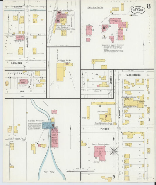 Sanborn Fire Insurance Map from Urbana, Champaign County, Ohio (1901), Sheet #0008 - Historic Sanborn Fire Insurance Map Print, vintage old map wall art, antique decor, genealogy gift, Ohio Ohio map