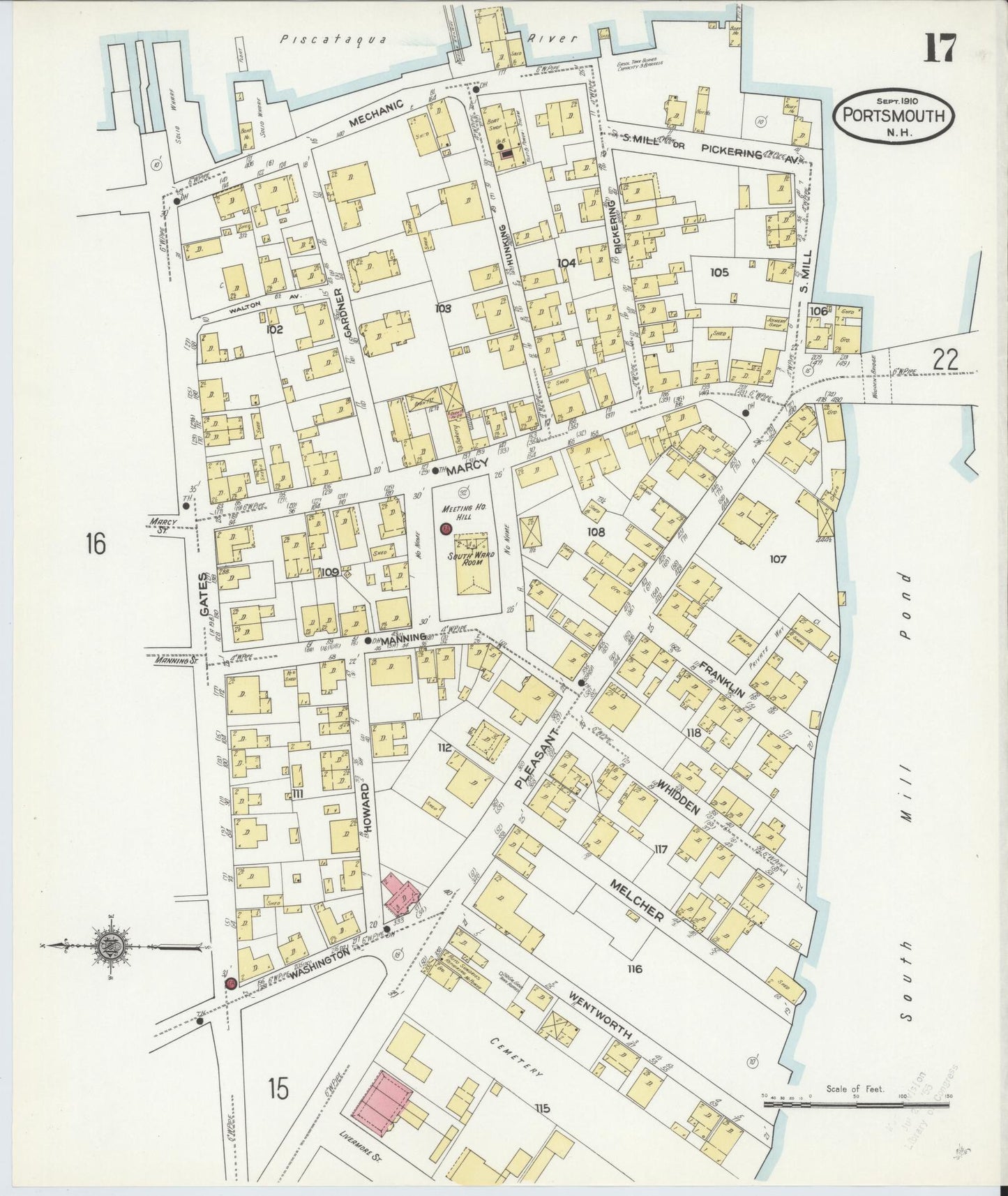 Sanborn Fire Insurance Map from Portsmouth, Rockingham County, New Hampshire (1910), Sheet #0017 - Historic Sanborn Fire Insurance Map Print, vintage old map wall art, antique decor, genealogy gift, New Hampshire New Hampshire map