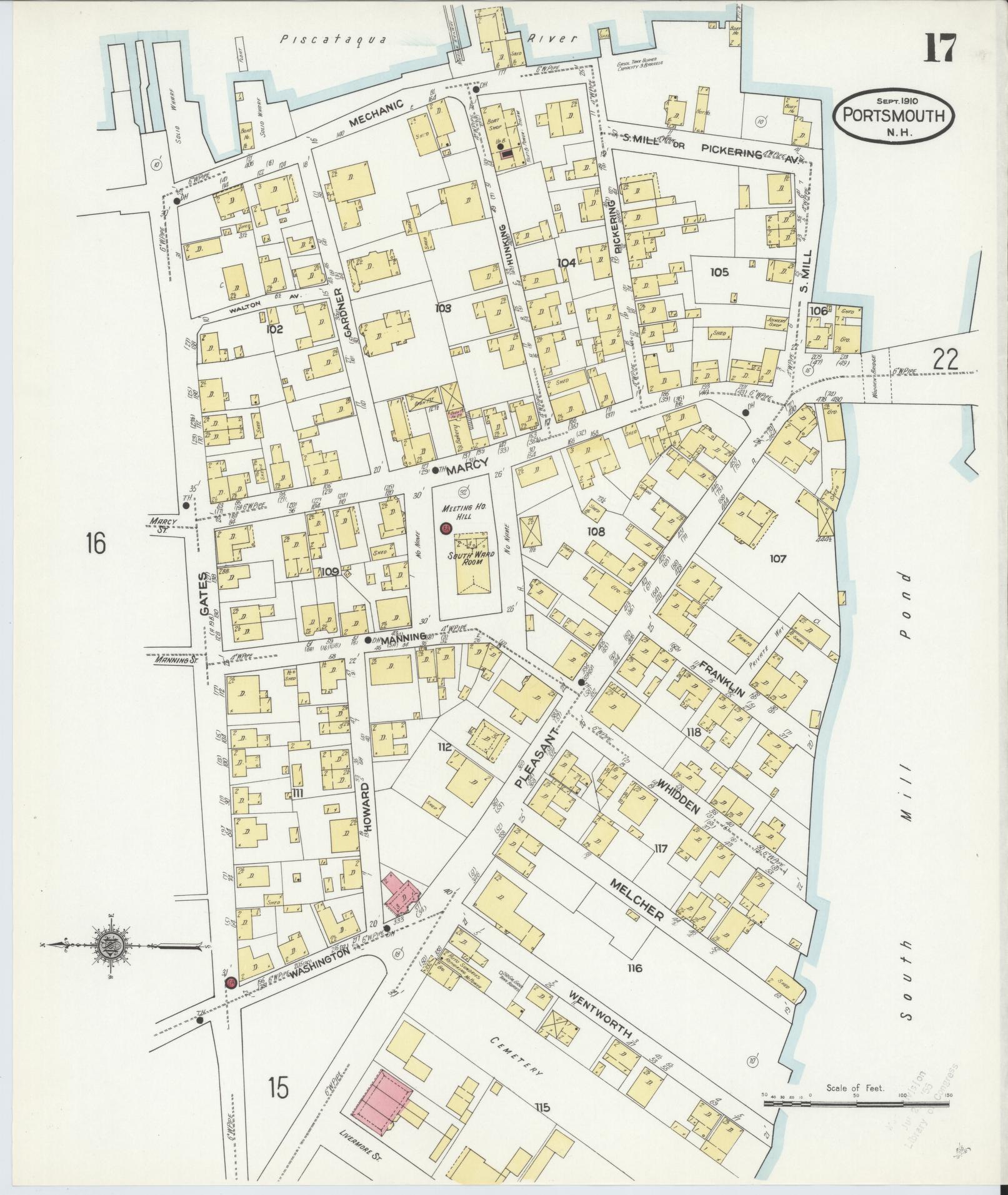 Sanborn Fire Insurance Map from Portsmouth, Rockingham County, New Hampshire (1910), Sheet #0017 - Historic Sanborn Fire Insurance Map Print, vintage old map wall art, antique decor, genealogy gift, New Hampshire New Hampshire map