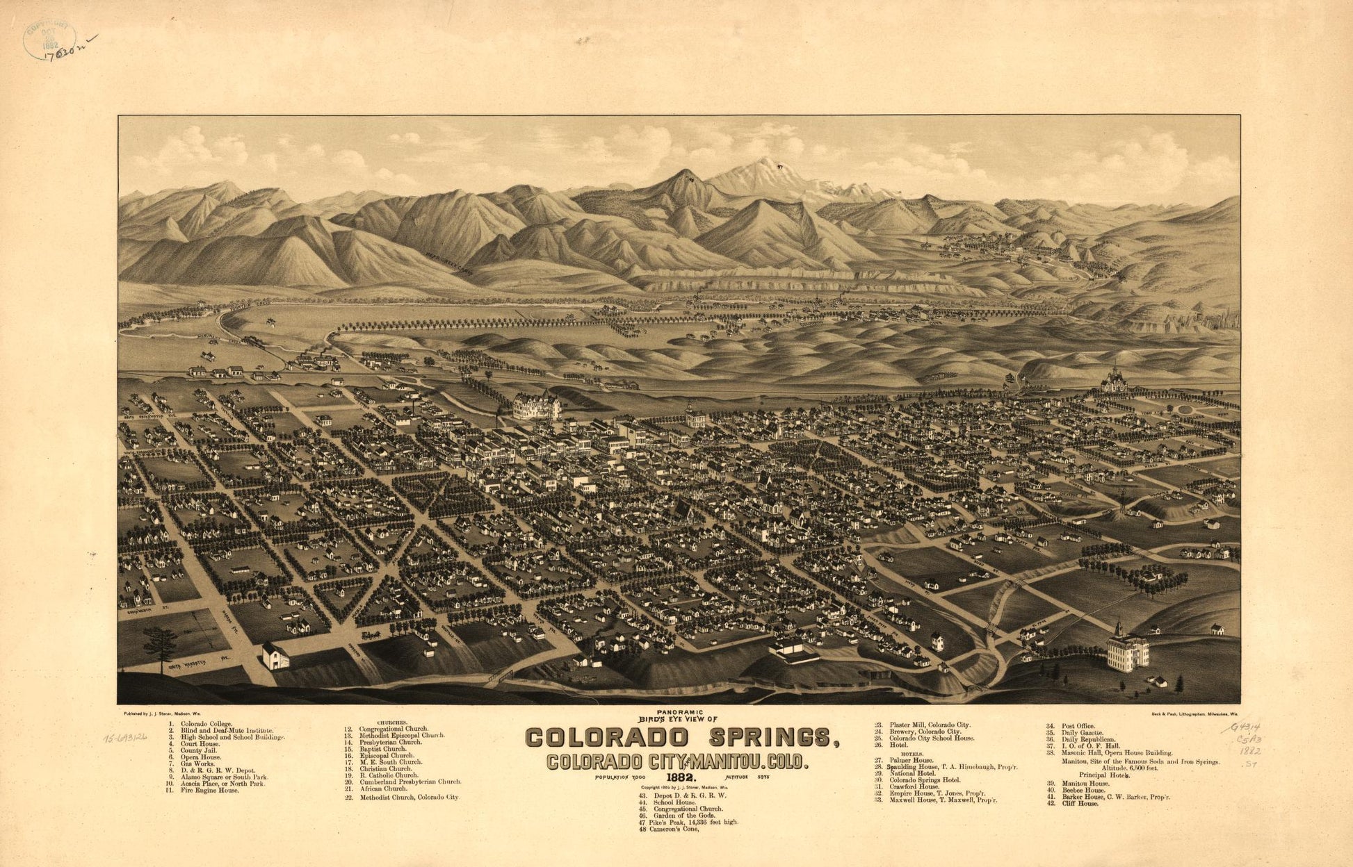 Panoramic bird's eye view of Colorado Springs, Colorado City and Manitou, Colo. 1882. (1882) – Historic Bird’s-Eye View Panorama Print