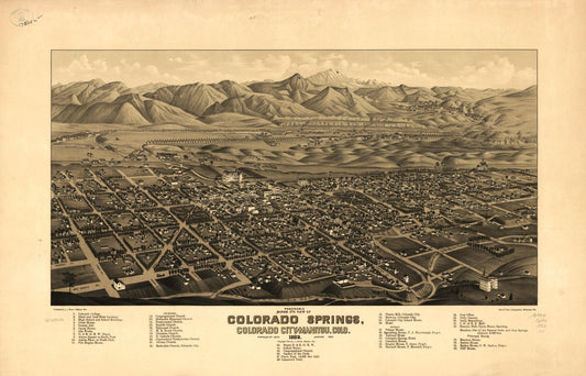 Panoramic bird's eye view of Colorado Springs, Colorado City and Manitou, Colo. 1882. (1882) – Historic Bird’s-Eye View Panorama Print