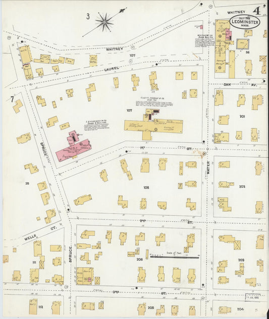 Sanborn Fire Insurance Map from Leominster, Worcester County, Massachusetts (1906), Sheet #0004 - Historic Sanborn Fire Insurance Map Print, vintage old map wall art, antique decor, genealogy gift, Massachusetts Massachusetts map