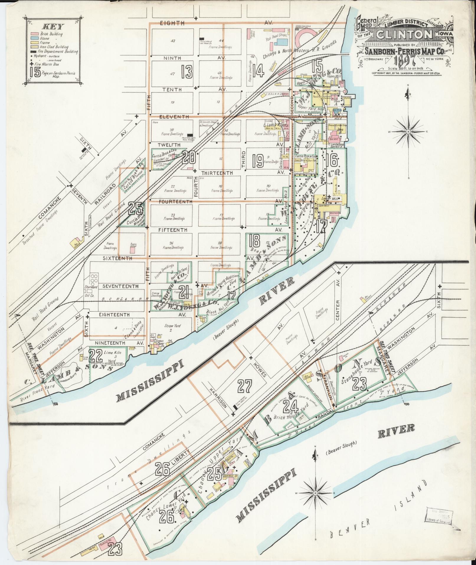 Sanborn Fire Insurance Map from Clinton, Clinton County, Iowa (1897), Sheet #0001 - Historic Sanborn Fire Insurance Map Print, vintage old map wall art