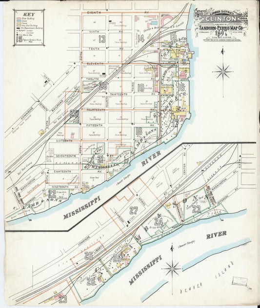 Sanborn Fire Insurance Map from Clinton, Clinton County, Iowa (1897), Sheet #0001 - Historic Sanborn Fire Insurance Map Print, vintage old map wall art