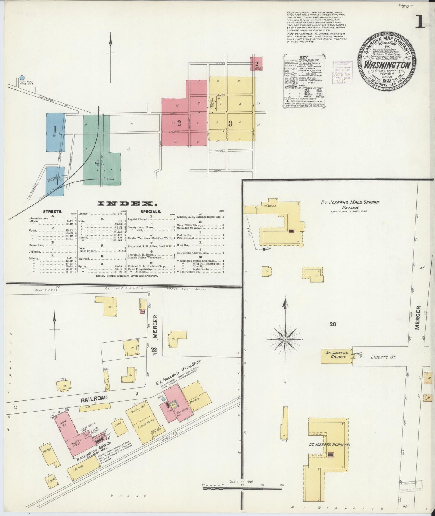 Sanborn Fire Insurance Map from Washington, Wilkes County, Georgia (1903), Sheet #0001 - Historic Sanborn Fire Insurance Map Print, vintage old map wall art, antique decor, genealogy gift, Washington Washington map