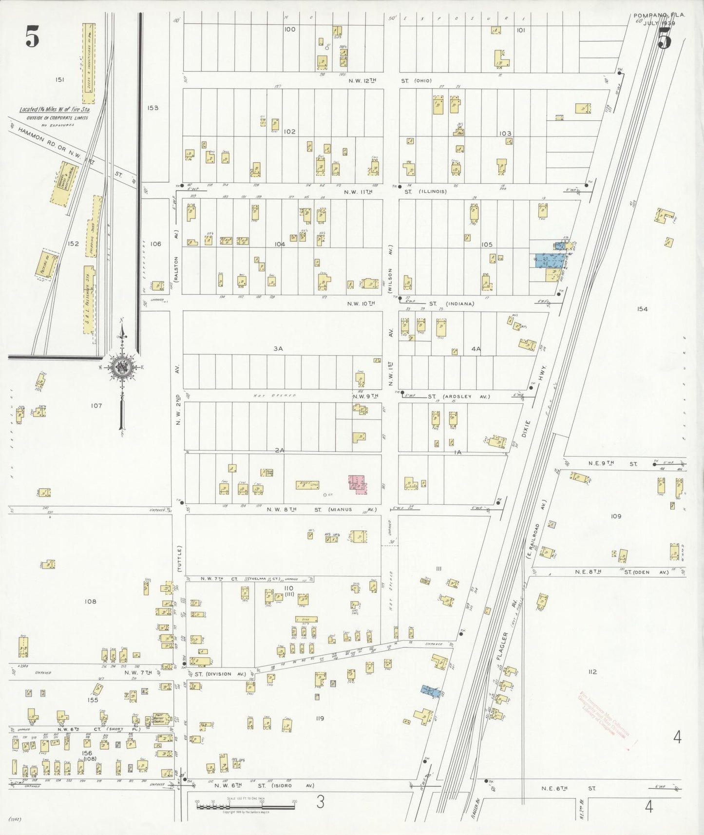 Sanborn Fire Insurance Map from Pompano, Broward County, Florida (1939), Sheet #0005 - Historic Sanborn Fire Insurance Map Print, vintage old map wall art, antique decor, genealogy gift, Florida Florida map