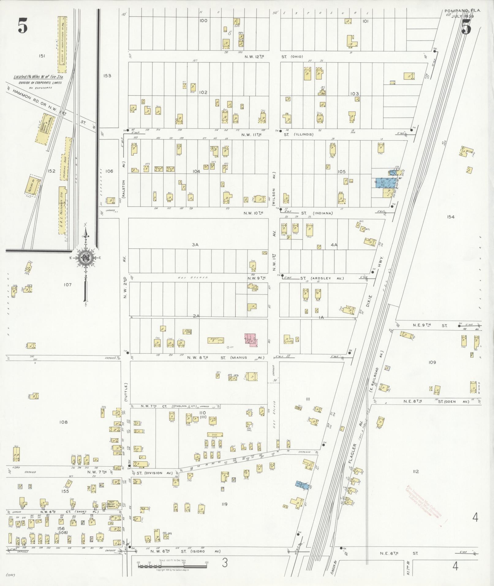 Sanborn Fire Insurance Map from Pompano, Broward County, Florida (1939), Sheet #0005 - Historic Sanborn Fire Insurance Map Print, vintage old map wall art, antique decor, genealogy gift, Florida Florida map