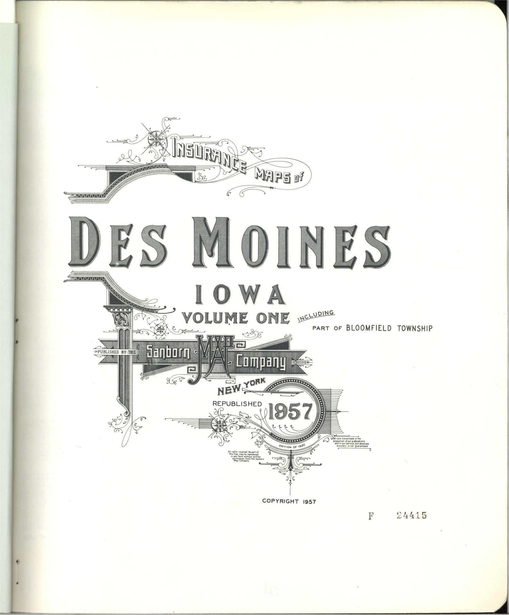 Sanborn Fire Insurance Map from Des Moines, Polk County, Iowa (1957), Sheet #0001 - Historic Sanborn Fire Insurance Map Print, vintage old map wall art
