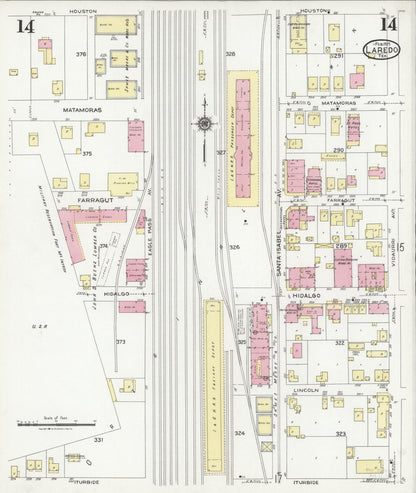 Sanborn Fire Insurance Map from Laredo, Webb County, Texas (1925), Sheet #0014 - Historic Sanborn Fire Insurance Map Print, vintage old map wall art, antique decor, genealogy gift, Texas Texas map