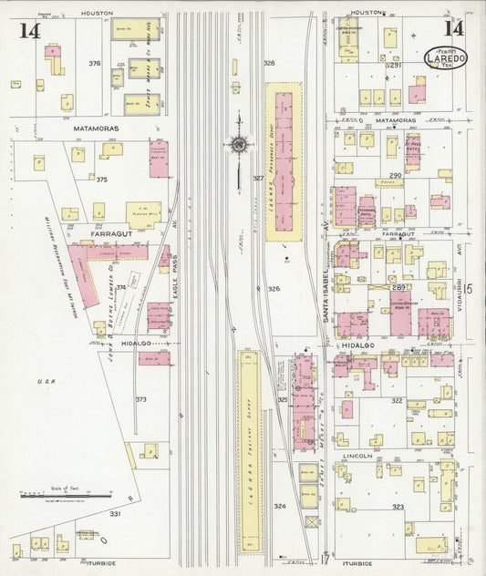 Sanborn Fire Insurance Map from Laredo, Webb County, Texas (1925), Sheet #0014 - Historic Sanborn Fire Insurance Map Print, vintage old map wall art, antique decor, genealogy gift, Texas Texas map