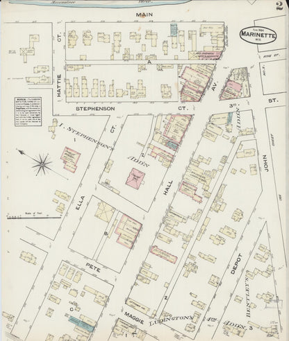 Sanborn Fire Insurance Map from Marinette, Marinette County, Wisconsin (1884), Sheet #0002 - Historic Sanborn Fire Insurance Map Print, vintage old map wall art, antique decor, genealogy gift, Wisconsin Wisconsin map