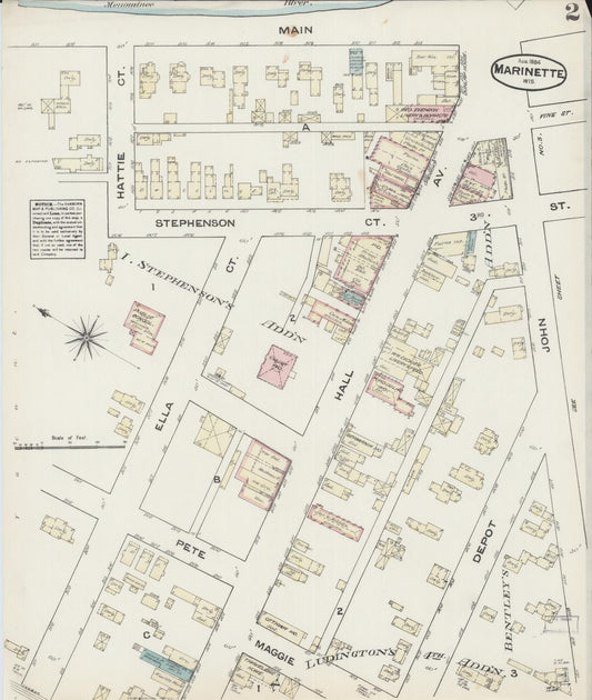 Sanborn Fire Insurance Map from Marinette, Marinette County, Wisconsin (1884), Sheet #0002 - Historic Sanborn Fire Insurance Map Print, vintage old map wall art, antique decor, genealogy gift, Wisconsin Wisconsin map