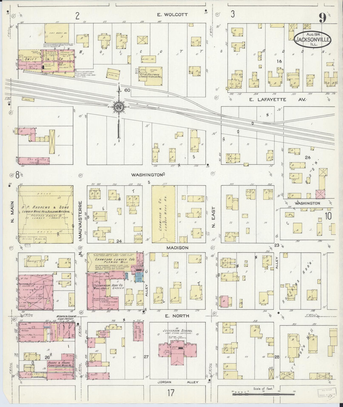 Sanborn Fire Insurance Map from Jacksonville, Morgan County, Illinois (1914), Sheet #0009 - Complete Map Set gallery image, historic Sanborn map, vintage wall art, Illinois Illinois
