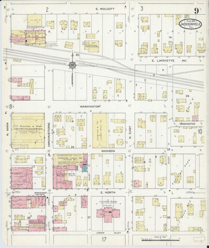 Sanborn Fire Insurance Map from Jacksonville, Morgan County, Illinois (1914), Sheet #0009 - Complete Map Set gallery image, historic Sanborn map, vintage wall art, Illinois Illinois