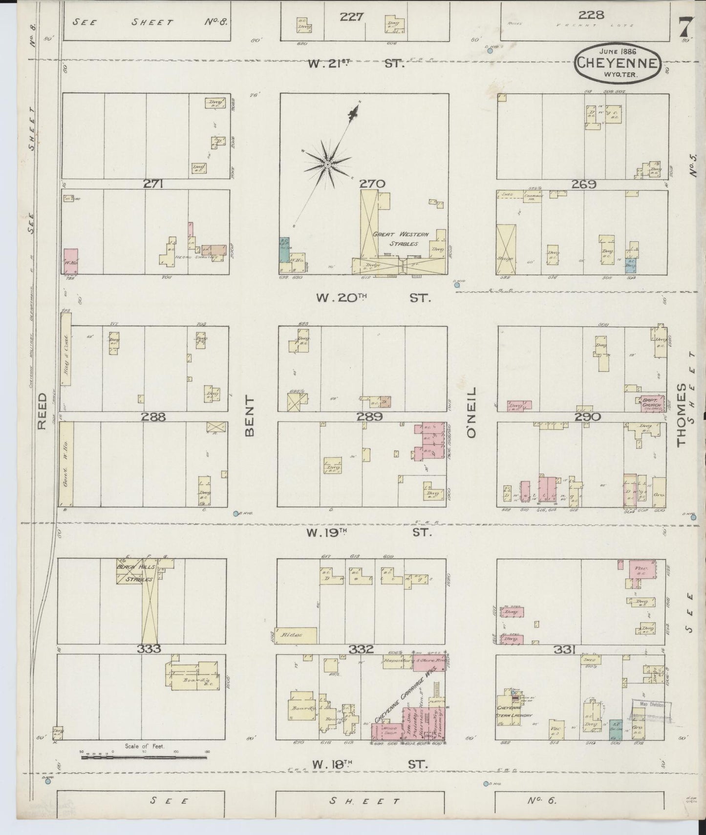 Sanborn Fire Insurance Map from Cheyenne, Laramie County, Wyoming (1886), Sheet #0007 - Complete Map Set gallery image, historic Sanborn map, vintage wall art, Wyoming Wyoming