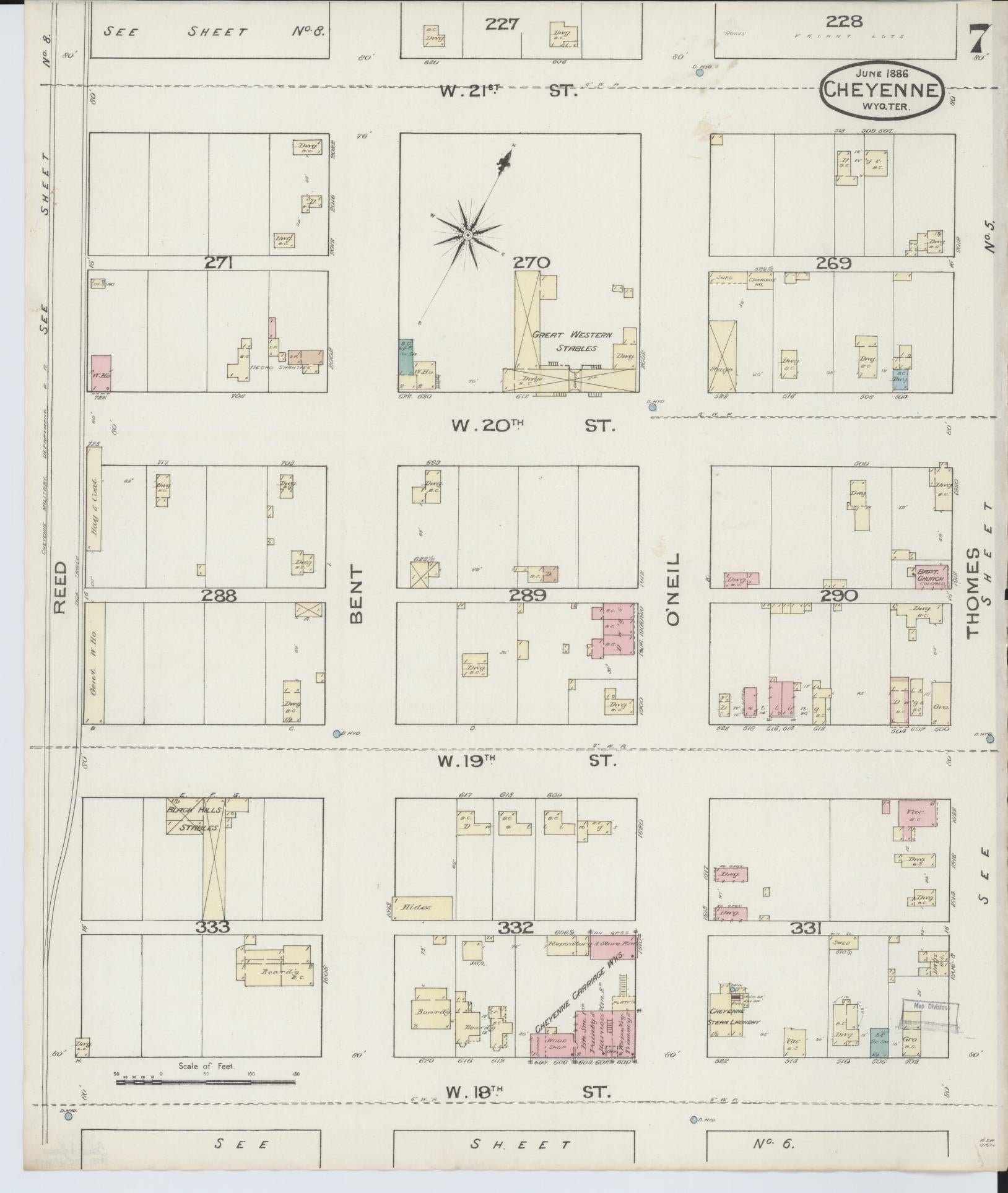 Sanborn Fire Insurance Map from Cheyenne, Laramie County, Wyoming (1886), Sheet #0007 - Complete Map Set gallery image, historic Sanborn map, vintage wall art, Wyoming Wyoming