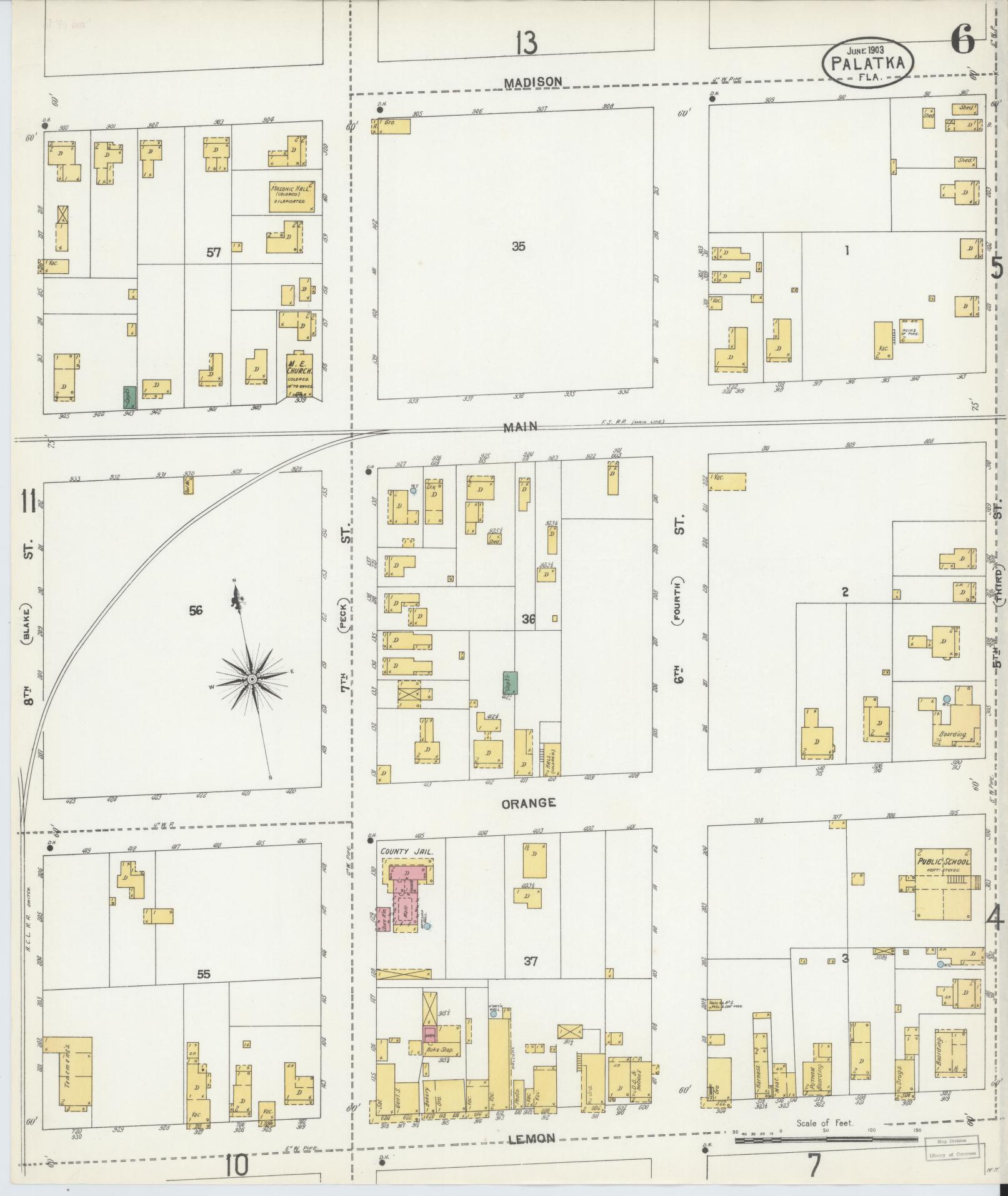 Sanborn Fire Insurance Map from Palatka, Putnam County, Florida (1903), Sheet #0006 - Complete Map Set gallery image, historic Sanborn map, vintage wall art, Florida Florida