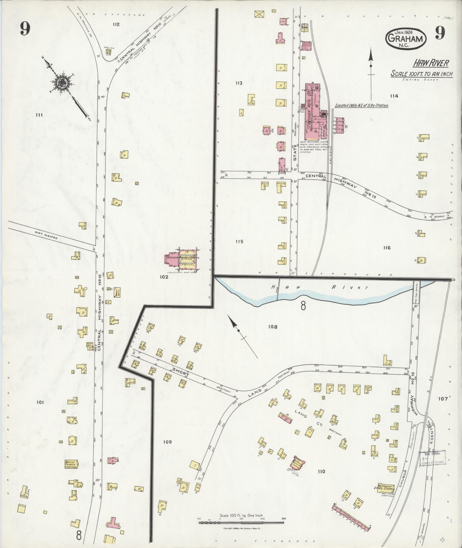 Sanborn Fire Insurance Map from Graham, Alamance County, North Carolina (1924), Sheet #0009 - Complete Map Set gallery image, historic Sanborn map, vintage wall art, North Carolina North Carolina