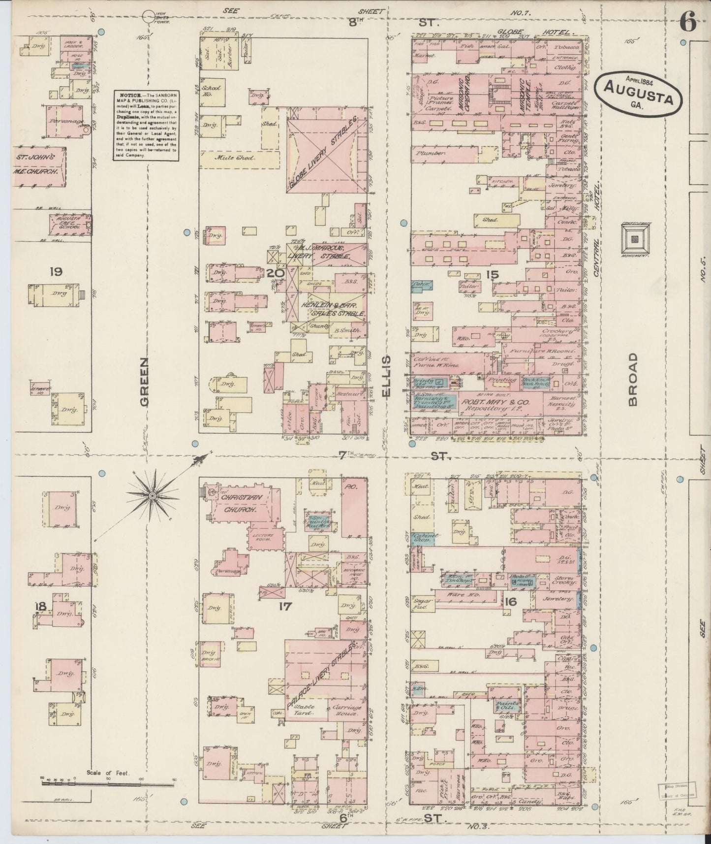 Sanborn Fire Insurance Map from Augusta, Richmond County, Georgia (1884), Sheet #0006 - Historic Sanborn Fire Insurance Map Print, vintage old map wall art, antique decor, genealogy gift, Georgia Georgia map