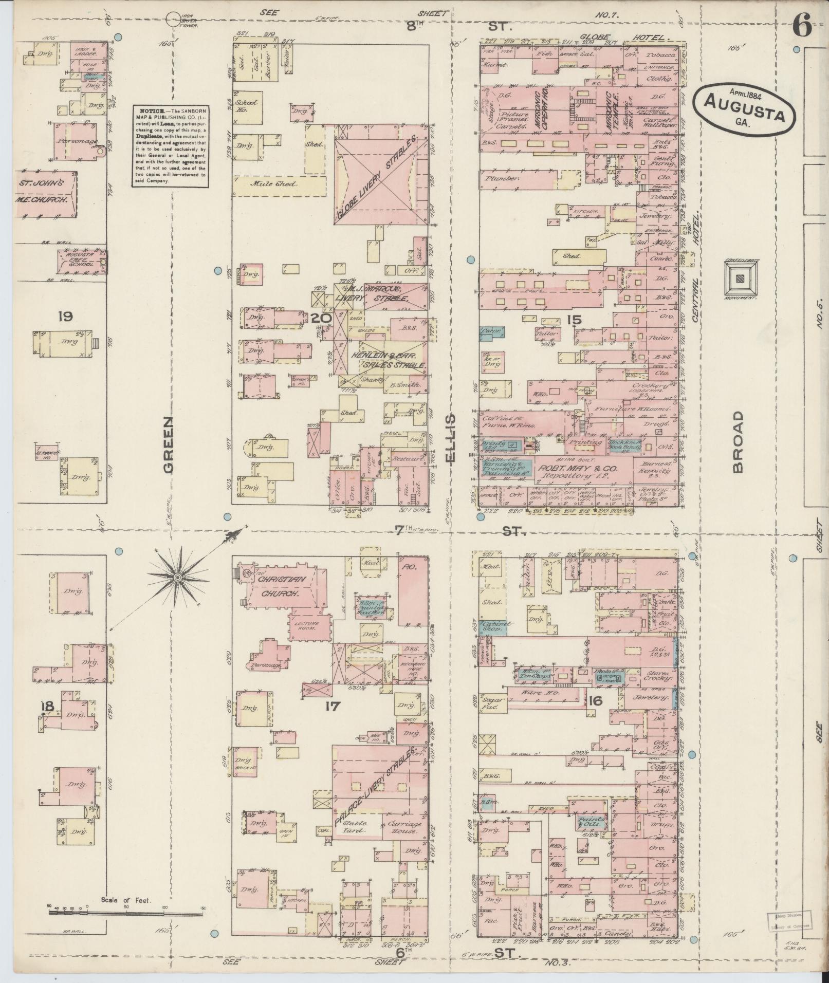 Sanborn Fire Insurance Map from Augusta, Richmond County, Georgia (1884), Sheet #0006 - Historic Sanborn Fire Insurance Map Print, vintage old map wall art, antique decor, genealogy gift, Georgia Georgia map