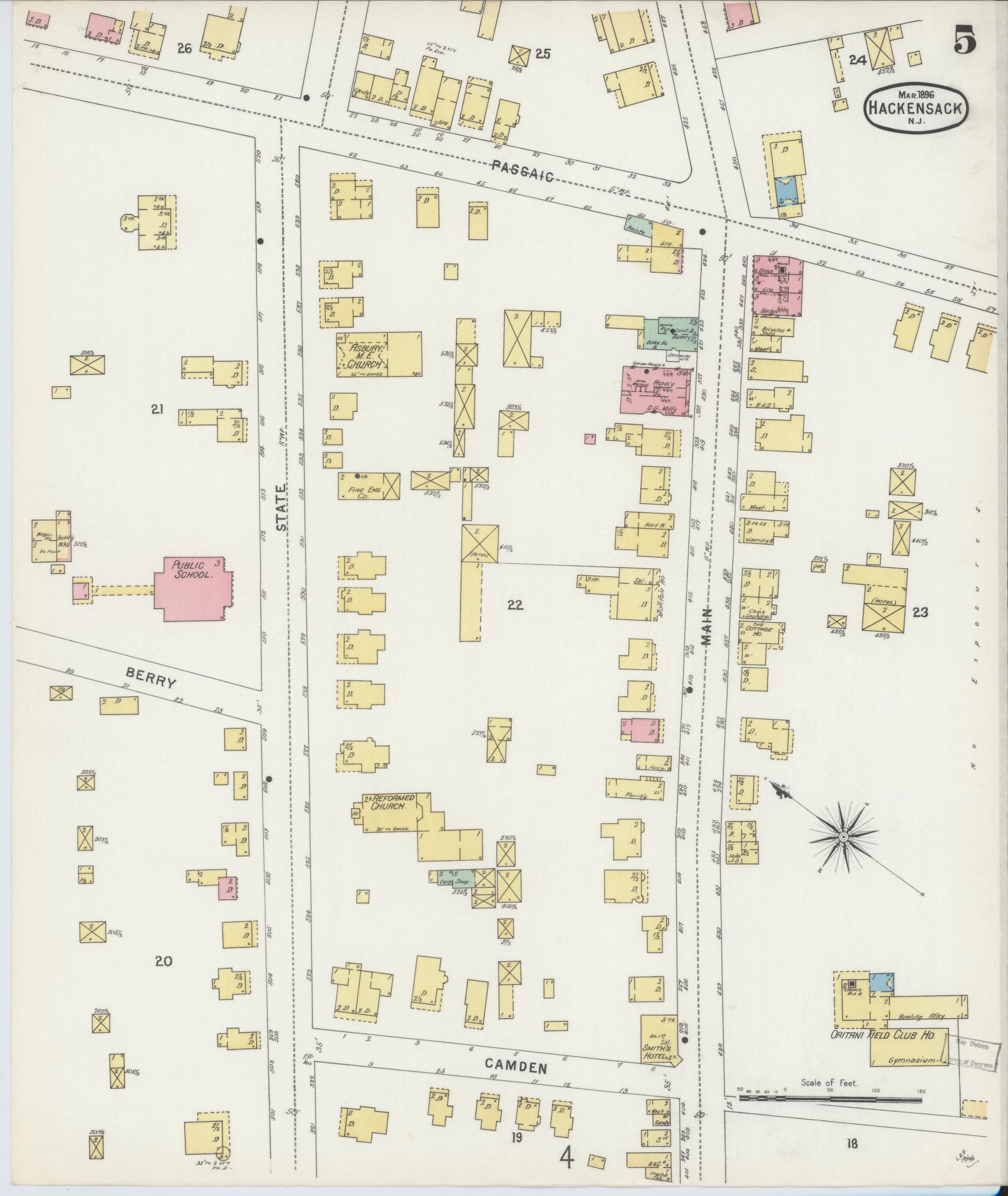 Sanborn Fire Insurance Map from Hackensack, Bergen County, New Jersey (1896), Sheet #0005 - Complete Map Set gallery image, historic Sanborn map, vintage wall art, New Jersey New Jersey