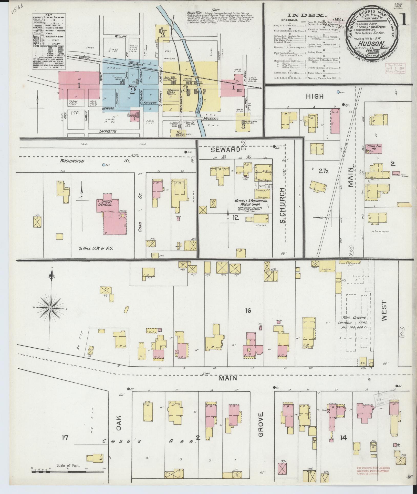 Sanborn Fire Insurance Map from Hudson, Lenawee County, Michigan (1893), Sheet #0001 - Complete Map Set gallery image, historic Sanborn map, vintage wall art, Michigan Michigan