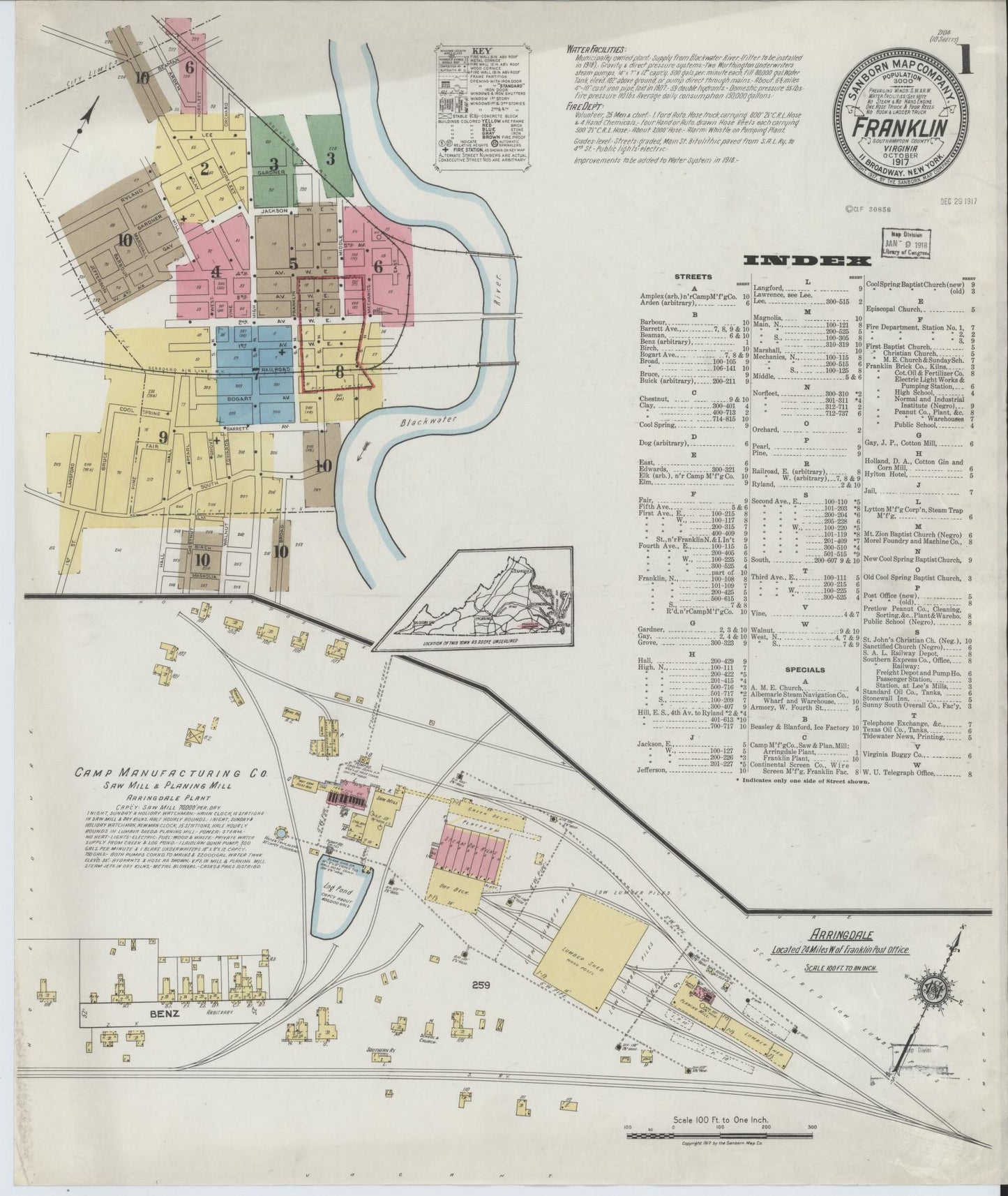 Sanborn Fire Insurance Map from Franklin, Independent Cities, Virginia (1917), Sheet #0001 - Complete Map Set gallery image, historic Sanborn map, vintage wall art, Virginia Virginia